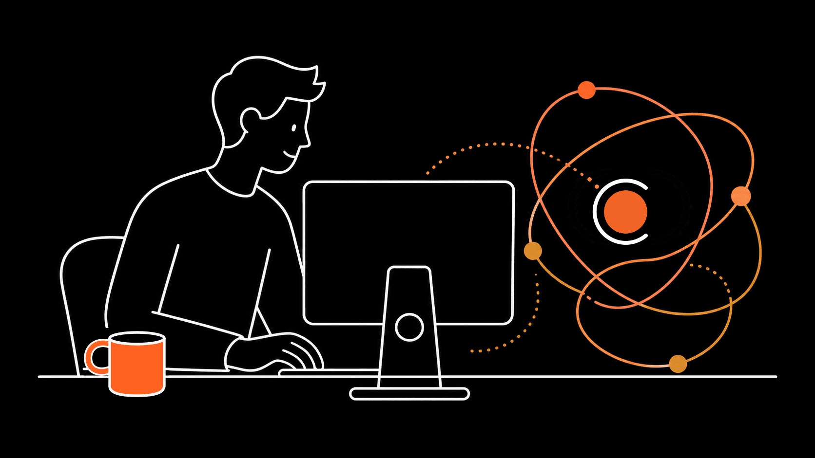 Line illustration of a person working at a desktop computer beside an abstract AI loop mark
